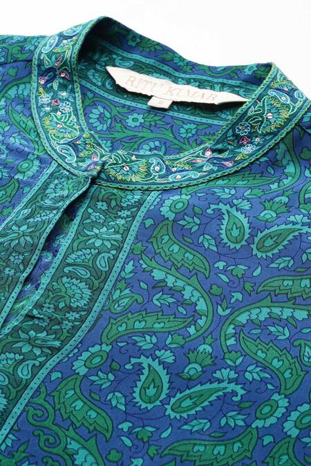 Ritu Kumar Blue Cotton, Silk Embroidery Mandarin Collar Flowret K Long Kurti Online at Aza Fashions Ritu Kumar_Blue Cotton, Silk Embroidery Mandarin Collar Flowret K Long Kurti _Online_at_Aza_Fashions