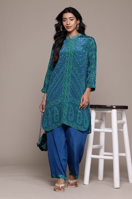 Shop Ritu Kumar Blue Cotton, Silk Embroidery Mandarin Collar Flowret K Long Kurti Online at Aza Fashions Shop_Ritu Kumar_Blue Cotton, Silk Embroidery Mandarin Collar Flowret K Long Kurti _Online_at_Aza_Fashions