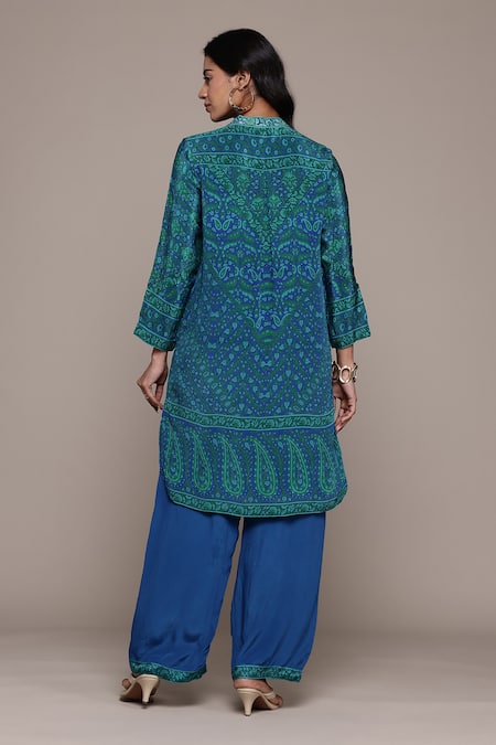 Shop Ritu Kumar Blue Cotton, Silk Embroidery Mandarin Collar Flowret K Long Kurti at Aza Fashions Shop_Ritu Kumar_Blue Cotton, Silk Embroidery Mandarin Collar Flowret K Long Kurti _at_Aza_Fashions