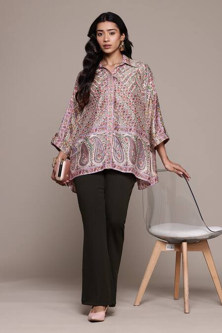 Buy_Ritu Kumar_Off White Silk Collared Flowret K Printed Kurti _Online_at_Aza_Fashions