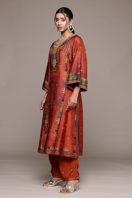 Ritu Kumar_Multi Color Silk, Cotton, Viscose Embroidery Round Brick Kantara K Kurta Set _Online_at_Aza_Fashions