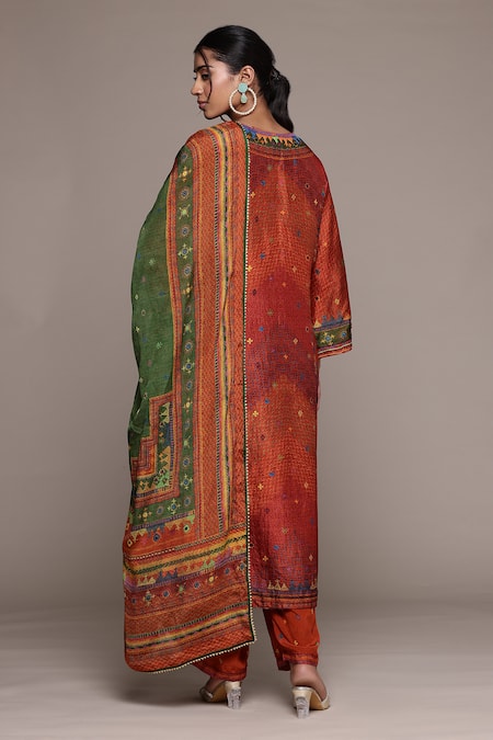 Shop_Ritu Kumar_Multi Color Silk, Cotton, Viscose Embroidery Round Brick Kantara K Kurta Set _at_Aza_Fashions