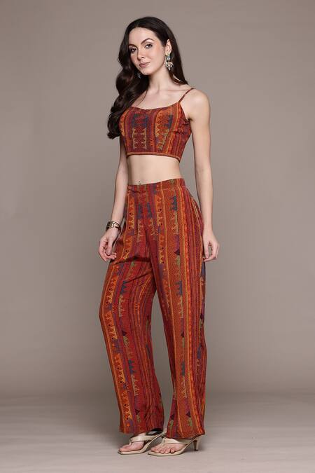 Ritu Kumar_Multi Color Viscose, Crepe, Rayon Scoop Kantara K Cape Set With Pant And Bustier _Online_at_Aza_Fashions