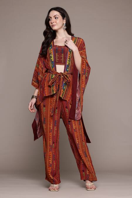 Shop Ritu Kumar Multi Color Viscose, Crepe, Rayon Scoop Kantara K Cape Set With Pant And Bustier Online at Aza Fashions Shop_Ritu Kumar_Multi Color Viscose, Crepe, Rayon Scoop Kantara K Cape Set With Pant And Bustier _Online_at_Aza_Fashions