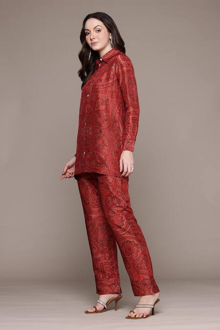 Ritu Kumar_Red Silk Collared Brocade Jamawar Kurti Set _Online_at_Aza_Fashions