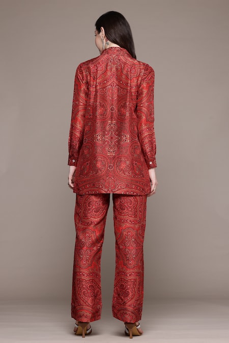 Shop_Ritu Kumar_Red Silk Collared Brocade Jamawar Kurti Set _at_Aza_Fashions