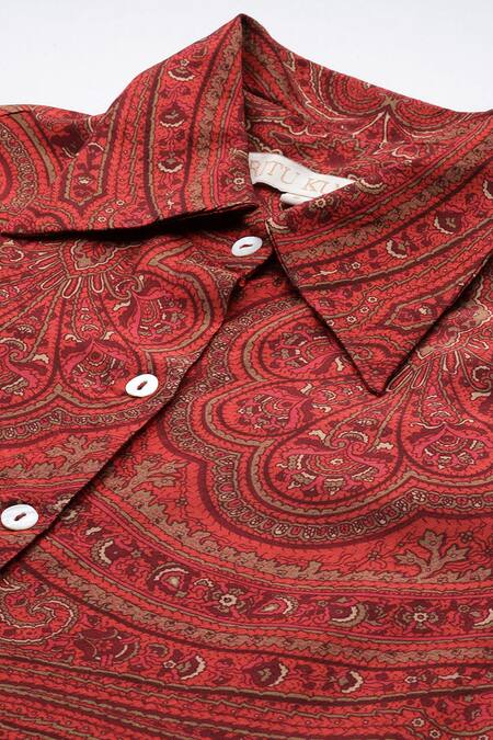 Shop Ritu Kumar Red Silk Collared Brocade Jamawar Kurti Set Online at Aza Fashions Shop_Ritu Kumar_Red Silk Collared Brocade Jamawar Kurti Set _Online_at_Aza_Fashions