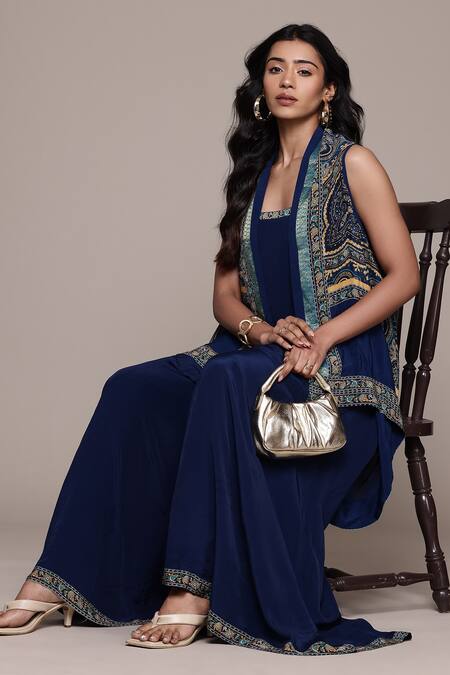 Ritu Kumar_Blue Rayon, Crepe Embroidery Brocade Jamawar K Cape Set _Online_at_Aza_Fashions