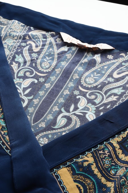 Ritu Kumar_Blue Rayon, Crepe Embroidery Brocade Jamawar K Cape Set _at_Aza_Fashions