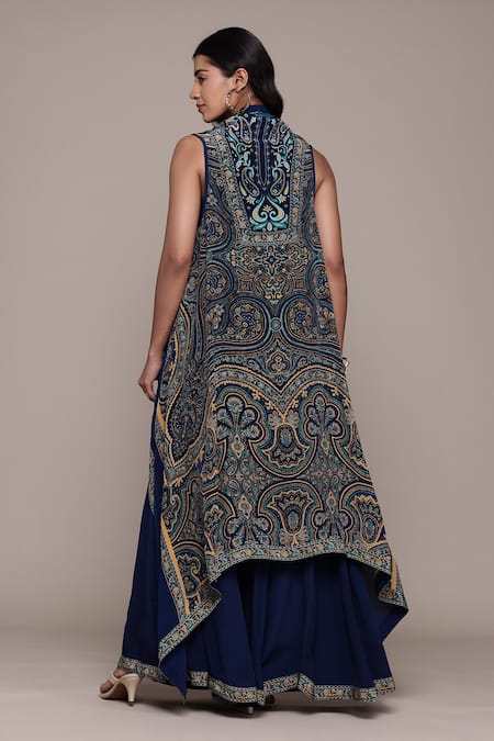 Shop_Ritu Kumar_Blue Rayon, Crepe Embroidery Brocade Jamawar K Cape Set _at_Aza_Fashions