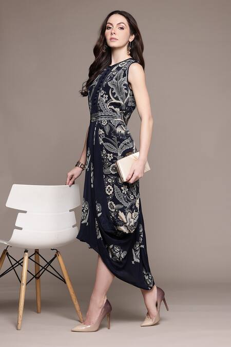 Ritu Kumar Black Viscose Round Neck Poppy Pushpanjali K Midi Dress Online at Aza Fashions Ritu Kumar_Black Viscose Round Neck Poppy Pushpanjali K Midi Dress _Online_at_Aza_Fashions