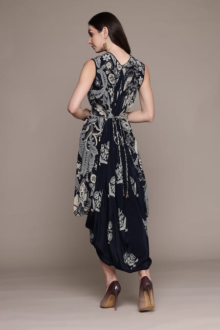 Shop Ritu Kumar Black Viscose Round Neck Poppy Pushpanjali K Midi Dress at Aza Fashions Shop_Ritu Kumar_Black Viscose Round Neck Poppy Pushpanjali K Midi Dress _at_Aza_Fashions