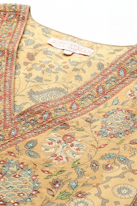 Shop Ritu Kumar Yellow Chanderi , Cotton, Embroidery V-neck Pineapple K Kurta Set Shop_Ritu Kumar_Yellow Chanderi , Cotton, Embroidery V-neck Pineapple K Kurta Set