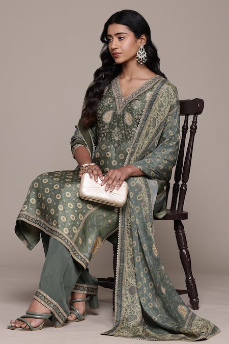 Ritu Kumar_Green Silk, Viscose Sequins, Embroidery V-neck Khaki Pineapple K Kurta Set _Online_at_Aza_Fashions