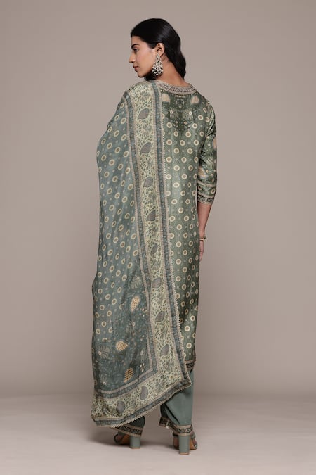 Shop_Ritu Kumar_Green Silk, Viscose Sequins, Embroidery V-neck Khaki Pineapple K Kurta Set _at_Aza_Fashions
