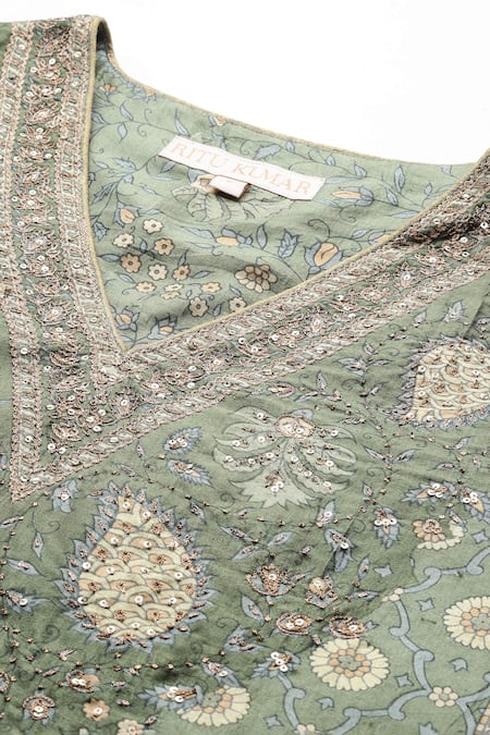 Shop_Ritu Kumar_Green Silk, Viscose Sequins, Embroidery V-neck Khaki Pineapple K Kurta Set _Online_at_Aza_Fashions