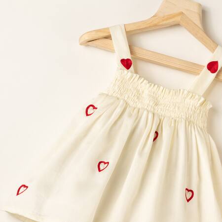 Darleen Kids Couture_Off White Cotton Embroidery Hand Little Heart Dress _Online_at_Aza_Fashions