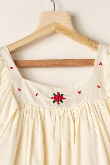 Darleen Kids Couture Off White Cotton Pom-poms, Embroidery Dress Online at Aza Fashions Darleen Kids Couture_Off White Cotton Pom-poms, Embroidery Dress _Online_at_Aza_Fashions