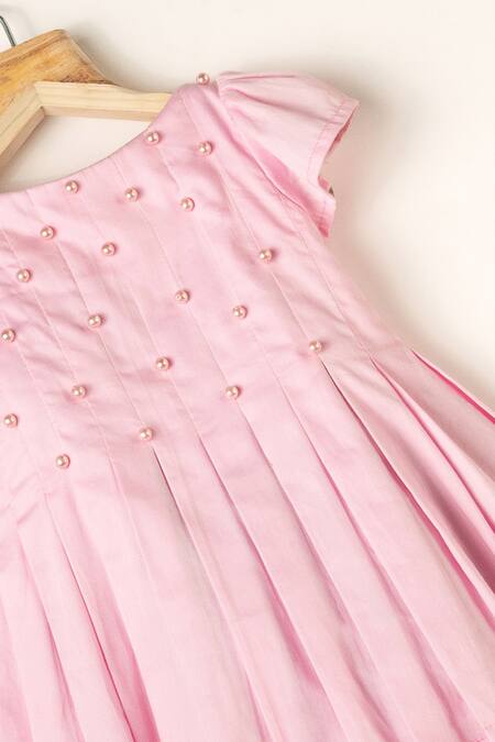 Darleen Kids Couture_Pink Cotton Pearls Pleated Dress With _Online_at_Aza_Fashions