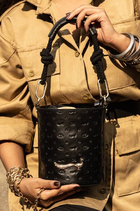 Gla_Black Embroidery Lotus Monogrammed Bucket Bag_Online_at_Aza_Fashions