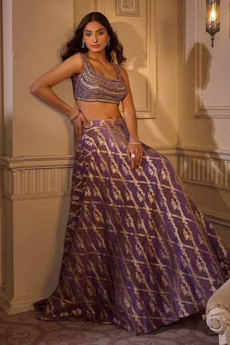 Buy Ariyana By Aza Purple Brocade, Silk Zari, Sequins, Paisley Motifs Banarasi Lehenga Set Online at Aza Fashions Buy_Ariyana By Aza_Purple Brocade, Silk Zari, Sequins, Paisley Motifs Banarasi Lehenga Set _Online_at_Aza_Fashions