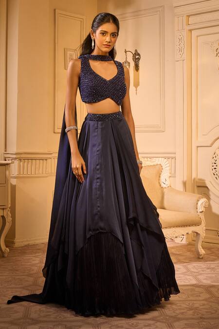 Shop Aariyana Couture Navy Satin Cut Work, Embroidery Cutdana Layered Lehenga Set at Aza Fashions Shop_Aariyana Couture_Navy Satin Cut Work, Embroidery Cutdana Layered Lehenga Set_at_Aza_Fashions