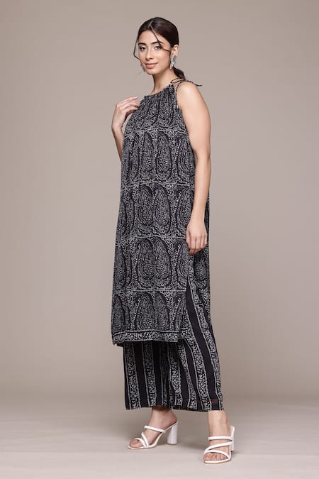 Shop_Ritu Kumar, Ri.Ritu Kumar, aarke Ritu Kumar_Black Polyester, Chiffon Round Neck Ashfi Kurta And Palazzo Set_Online_at_Aza_Fashions