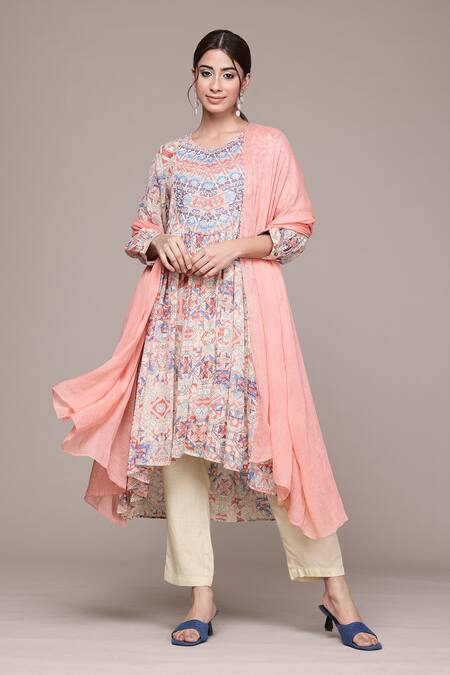 Buy_Ritu Kumar, Ri.Ritu Kumar, aarke Ritu Kumar_Peach Cotton Round Neck Printed Kurta Set With Dupatta_Online_at_Aza_Fashions