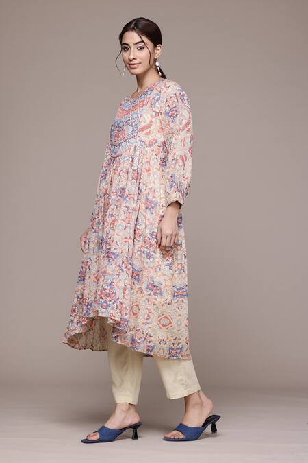 Shop_Ritu Kumar, Ri.Ritu Kumar, aarke Ritu Kumar_Peach Cotton Round Neck Printed Kurta Set With Dupatta_Online_at_Aza_Fashions