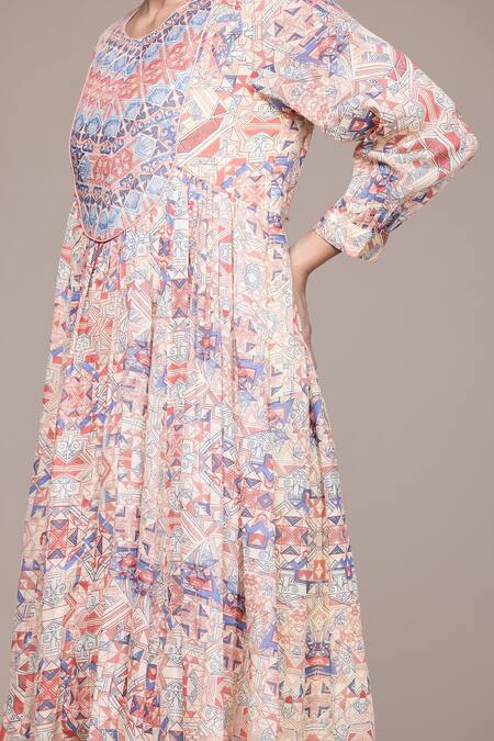 Buy_Ritu Kumar, Ri.Ritu Kumar, aarke Ritu Kumar_Peach Cotton Round Neck Printed Kurta Set With Dupatta