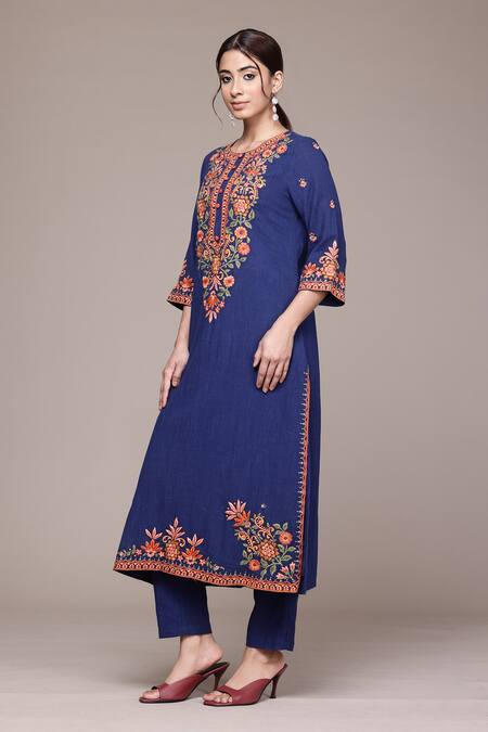 Ritu Kumar, Ri.Ritu Kumar, aarke Ritu Kumar_Blue Cotton Embroidery Round Neck Ashoka Solid Kurta Set_Online_at_Aza_Fashions
