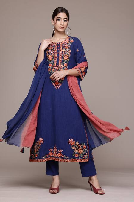 Buy_Ritu Kumar, Ri.Ritu Kumar, aarke Ritu Kumar_Blue Cotton Embroidery Round Neck Ashoka Solid Kurta Set_Online_at_Aza_Fashions