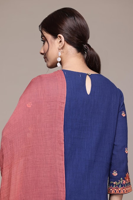 Shop_Ritu Kumar, Ri.Ritu Kumar, aarke Ritu Kumar_Blue Cotton Embroidery Round Neck Ashoka Solid Kurta Set_Online_at_Aza_Fashions