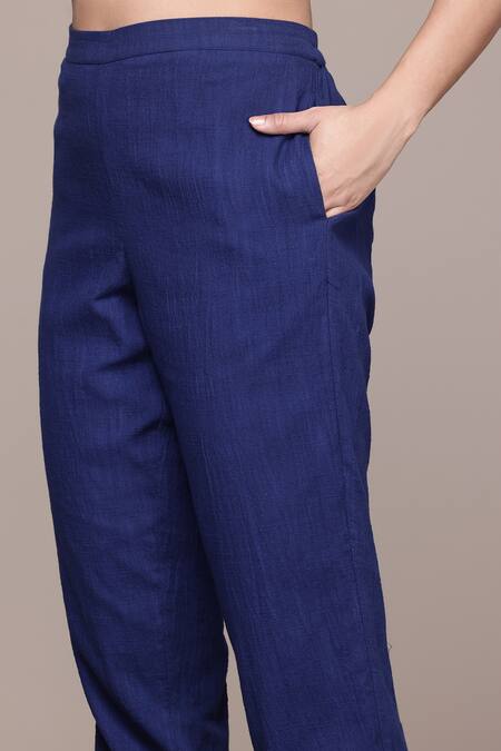 Ritu Kumar, Ri.Ritu Kumar, aarke Ritu Kumar_Blue Cotton Embroidery Round Neck Ashoka Solid Kurta Set_at_Aza_Fashions