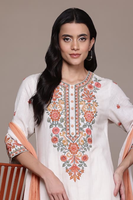 Ritu Kumar, Ri.Ritu Kumar, aarke Ritu Kumar Off White Cotton Embroidery Round Neck Ashoka Solid Kurta Set Online at Aza Fashions Ritu Kumar, Ri.Ritu Kumar, aarke Ritu Kumar_Off White Cotton Embroidery Round Neck Ashoka Solid Kurta Set_Online_at_Aza_Fashions