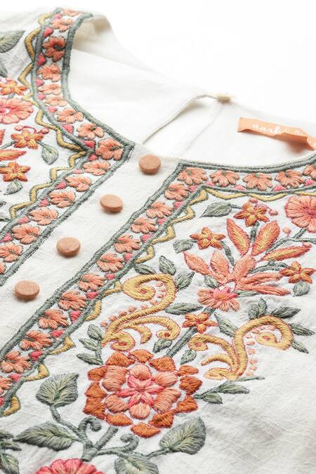 Shop Ritu Kumar, Ri.Ritu Kumar, aarke Ritu Kumar Off White Cotton Embroidery Round Neck Ashoka Solid Kurta Set Online at Aza Fashions Shop_Ritu Kumar, Ri.Ritu Kumar, aarke Ritu Kumar_Off White Cotton Embroidery Round Neck Ashoka Solid Kurta Set_Online_at_Aza_Fashions