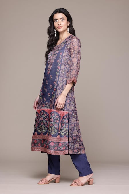 Buy_Ritu Kumar, Ri.Ritu Kumar, aarke Ritu Kumar_Blue Polyester, Viscose Embroidery Floral Printed Kurta Set With Pant And Dupatta_Online_at_Aza_Fashions
