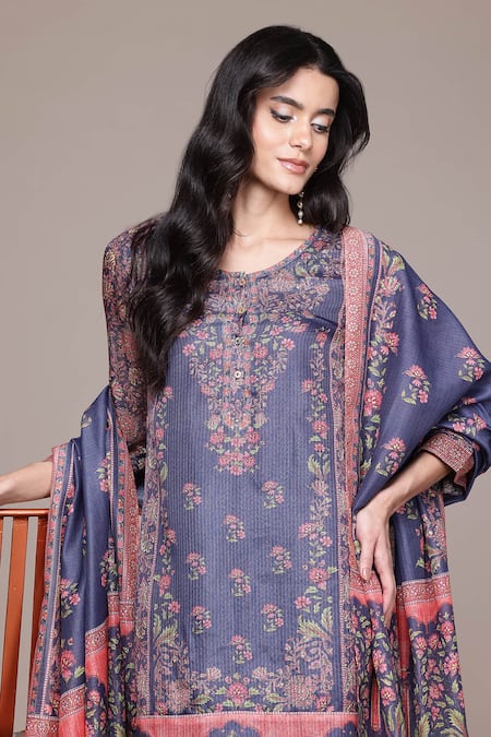 Shop_Ritu Kumar, Ri.Ritu Kumar, aarke Ritu Kumar_Blue Polyester, Viscose Embroidery Floral Printed Kurta Set With Pant And Dupatta_Online_at_Aza_Fashions
