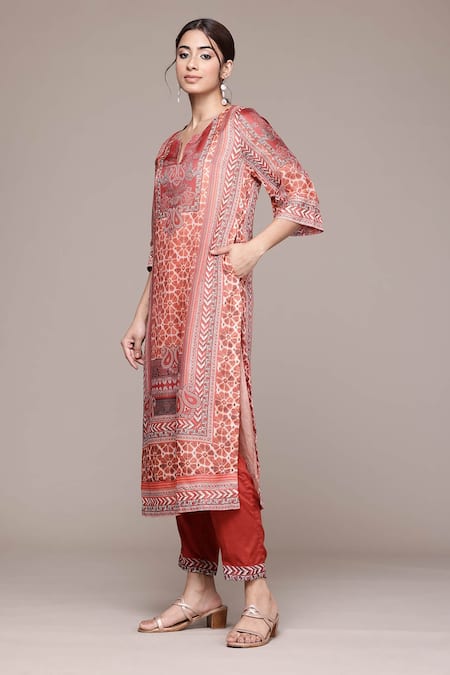 Ritu Kumar, Ri.Ritu Kumar, aarke Ritu Kumar_Rust Cotton Embroidery Keyhole Neck Printed Kurta Set_Online_at_Aza_Fashions