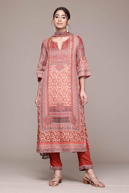 Shop_Ritu Kumar, Ri.Ritu Kumar, aarke Ritu Kumar_Rust Cotton Embroidery Keyhole Neck Printed Kurta Set_Online_at_Aza_Fashions