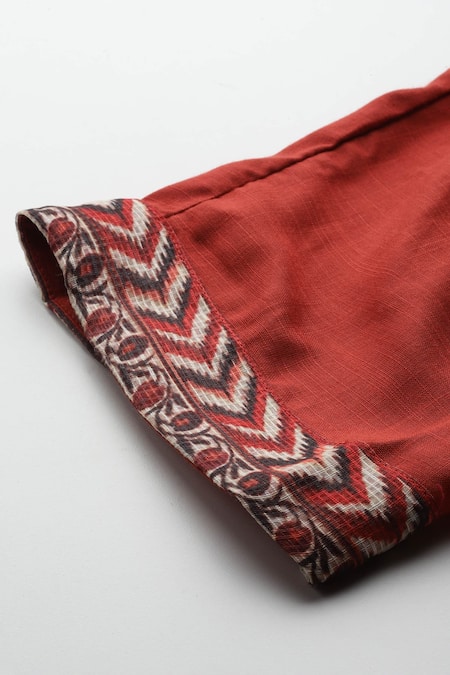 Ritu Kumar, Ri.Ritu Kumar, aarke Ritu Kumar_Rust Cotton Embroidery Keyhole Neck Printed Kurta Set_at_Aza_Fashions