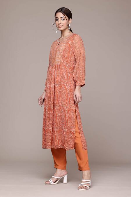 Ritu Kumar, Ri.Ritu Kumar, aarke Ritu Kumar_Rust Polyester, Viscose, Chiffon Embroidery Ashfi Kurti Set With Pant And Dupatta_Online_at_Aza_Fashions