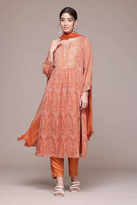 Buy_Ritu Kumar, Ri.Ritu Kumar, aarke Ritu Kumar_Rust Polyester, Viscose, Chiffon Embroidery Ashfi Kurti Set With Pant And Dupatta_Online_at_Aza_Fashions
