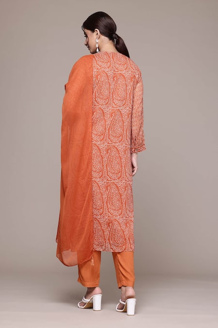 Shop_Ritu Kumar, Ri.Ritu Kumar, aarke Ritu Kumar_Rust Polyester, Viscose, Chiffon Embroidery Ashfi Kurti Set With Pant And Dupatta_at_Aza_Fashions