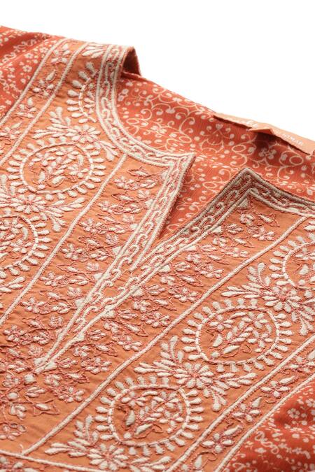 Ritu Kumar, Ri.Ritu Kumar, aarke Ritu Kumar_Rust Polyester, Viscose, Chiffon Embroidery Ashfi Kurti Set With Pant And Dupatta_at_Aza_Fashions