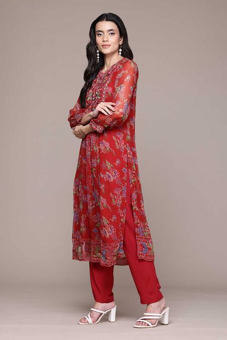 Ritu Kumar, Ri.Ritu Kumar, aarke Ritu Kumar_Red Polyester, Viscose, Chiffon Embroidery Aboli Kurta Set With Pant And Dupatta_Online_at_Aza_Fashions