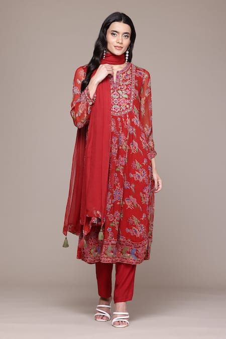 Ritu Kumar, Ri.Ritu Kumar, aarke Ritu Kumar_Red Polyester, Viscose, Chiffon Embroidery Aboli Kurta Set With Pant And Dupatta_at_Aza_Fashions