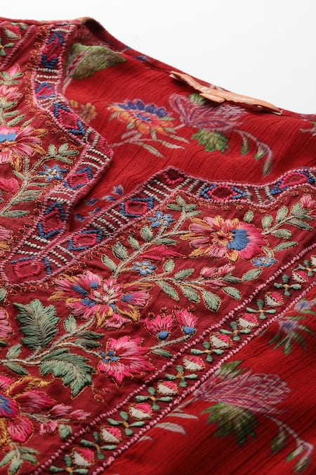 Buy_Ritu Kumar, Ri.Ritu Kumar, aarke Ritu Kumar_Red Polyester, Viscose, Chiffon Embroidery Aboli Kurta Set With Pant And Dupatta