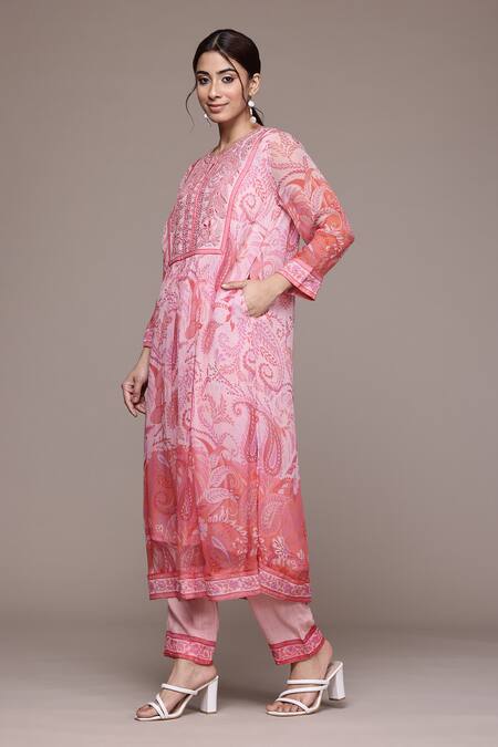 Ritu Kumar, Ri.Ritu Kumar, aarke Ritu Kumar_Pink Cotton Embroidery Round Neck Raspberry Tarasha Printed Kurta Set_Online_at_Aza_Fashions