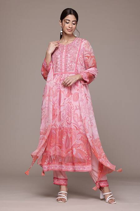 Ritu Kumar, Ri.Ritu Kumar, aarke Ritu Kumar_Pink Cotton Embroidery Round Neck Raspberry Tarasha Printed Kurta Set_at_Aza_Fashions